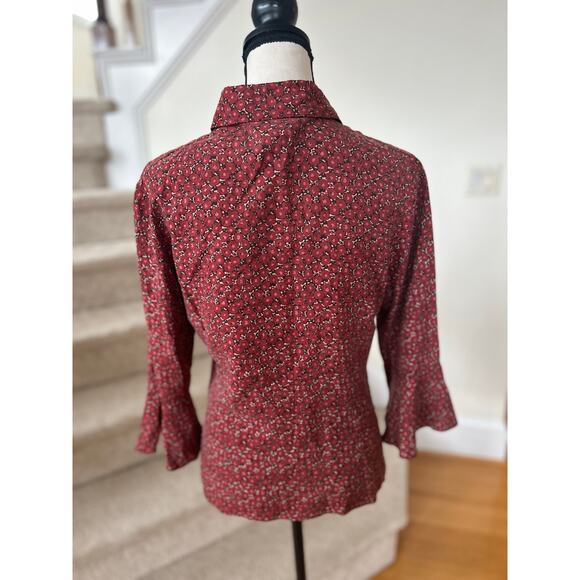 Vintage Y2K Coldwater Creek Silk Red Ditzy Floral Button Down Flutter Sleeve - Picture 4 of 7